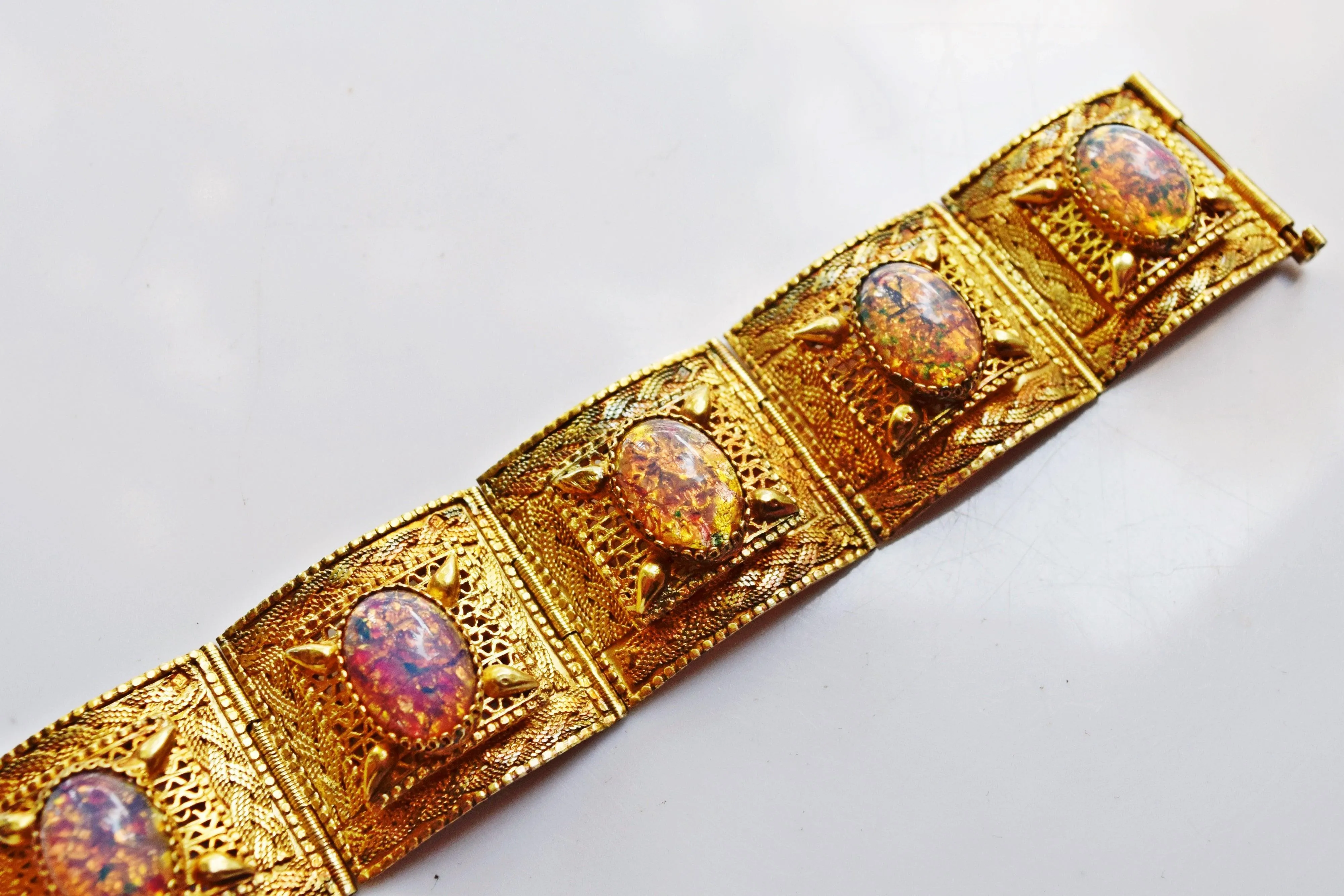 Vintage Egyptian Gold Gilt Silver Panel Bracelet with Foiled Glass