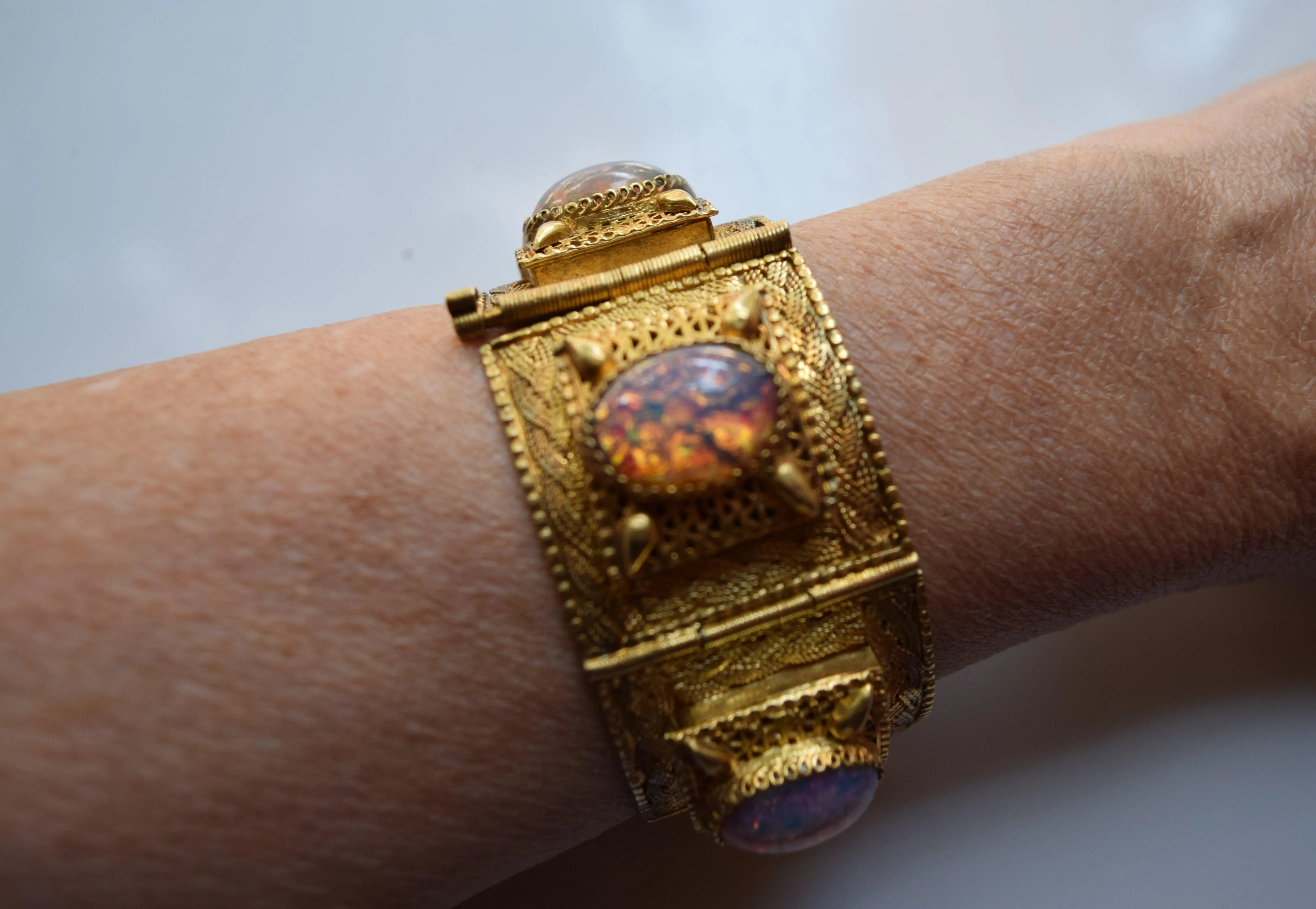 Vintage Egyptian Gold Gilt Silver Panel Bracelet with Foiled Glass