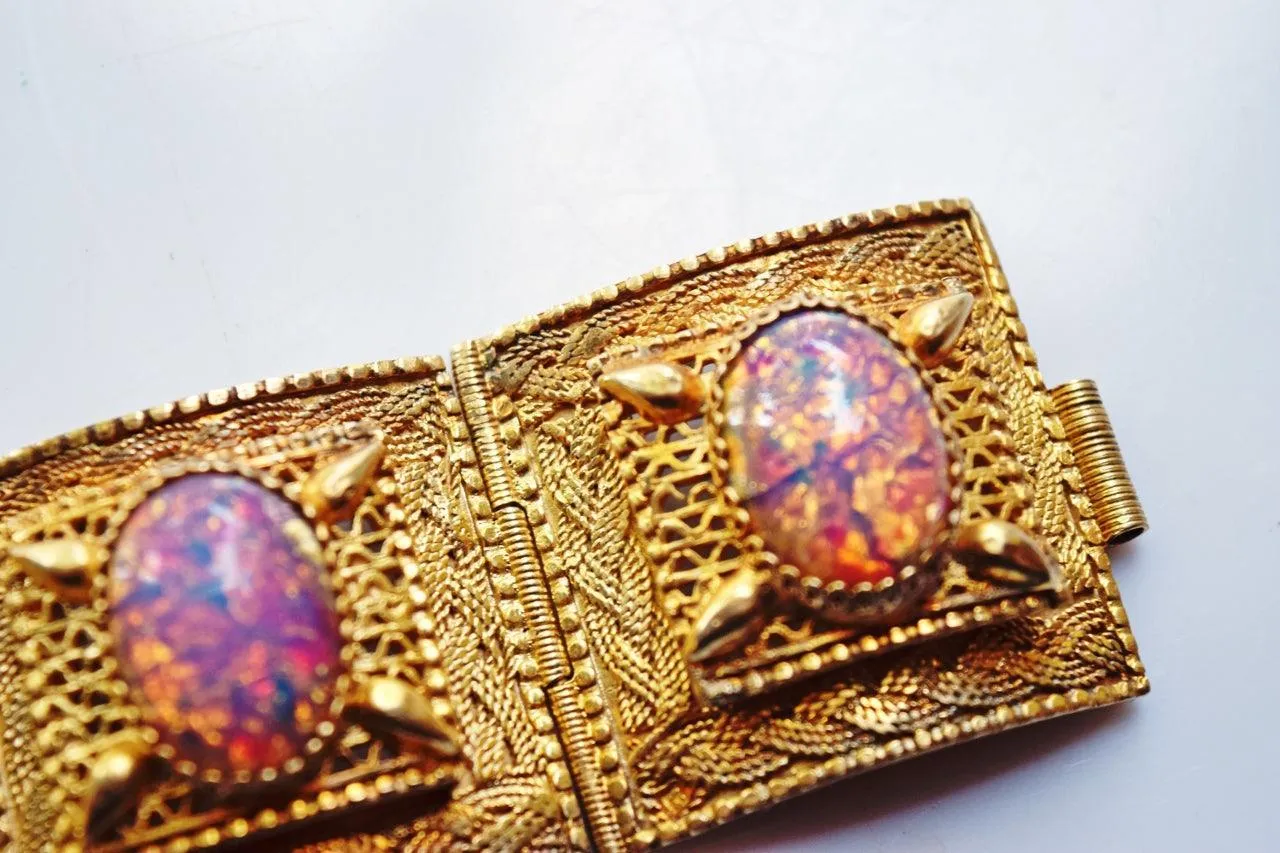 Vintage Egyptian Gold Gilt Silver Panel Bracelet with Foiled Glass