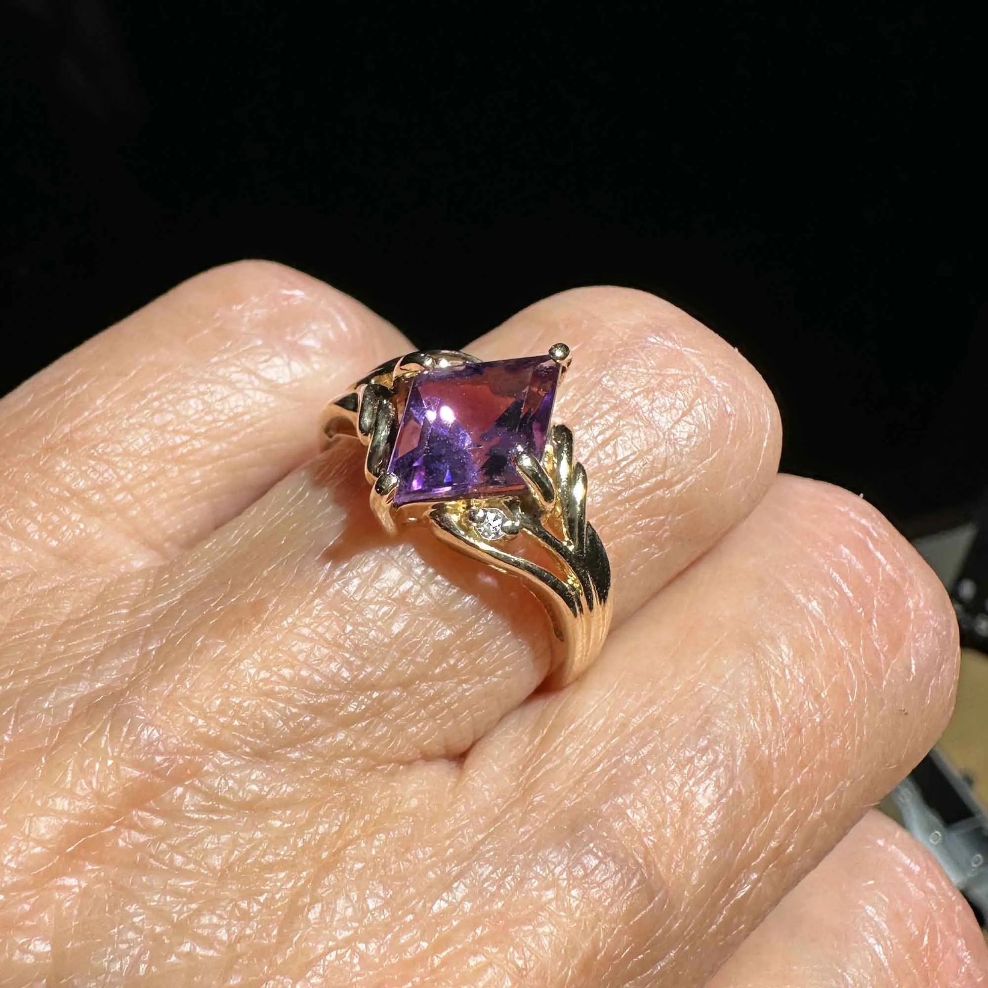 Vintage Gold Diamond Lozenge Cut Amethyst Cocktail Ring