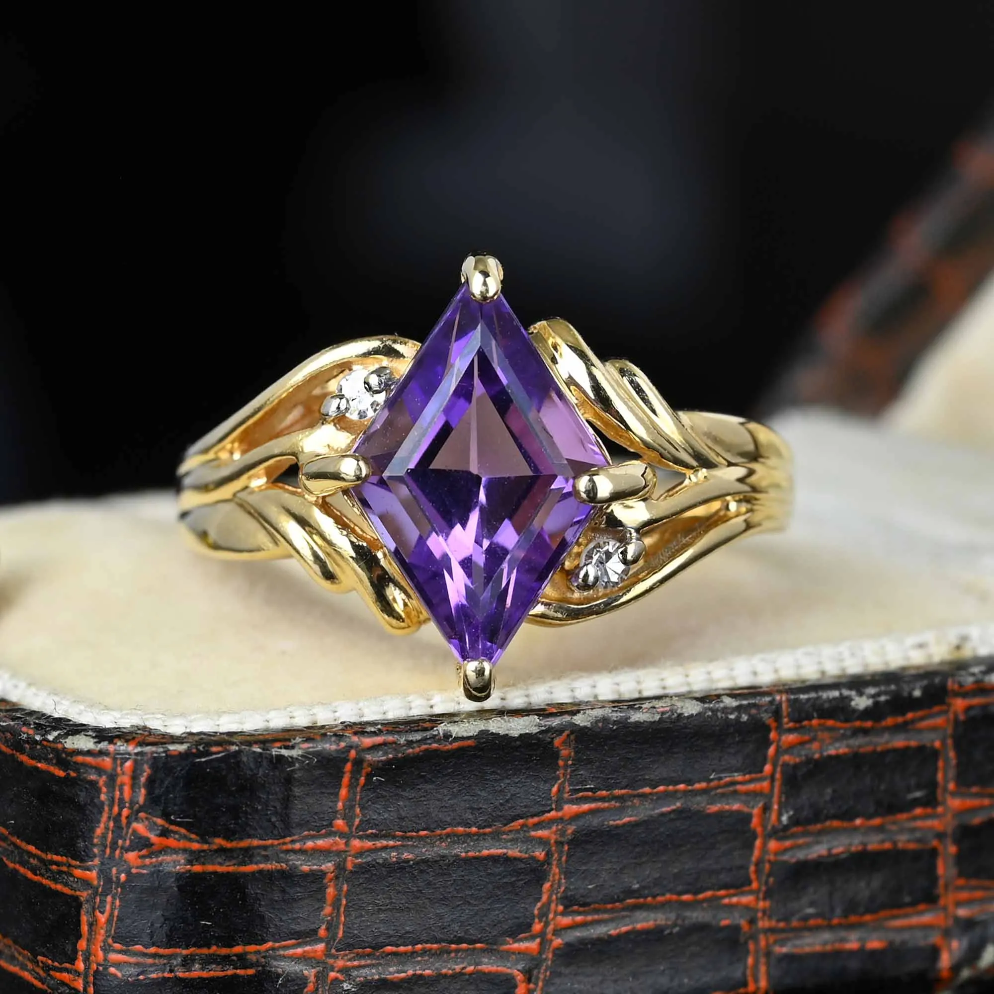 Vintage Gold Diamond Lozenge Cut Amethyst Cocktail Ring