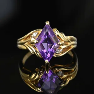 Vintage Gold Diamond Lozenge Cut Amethyst Cocktail Ring