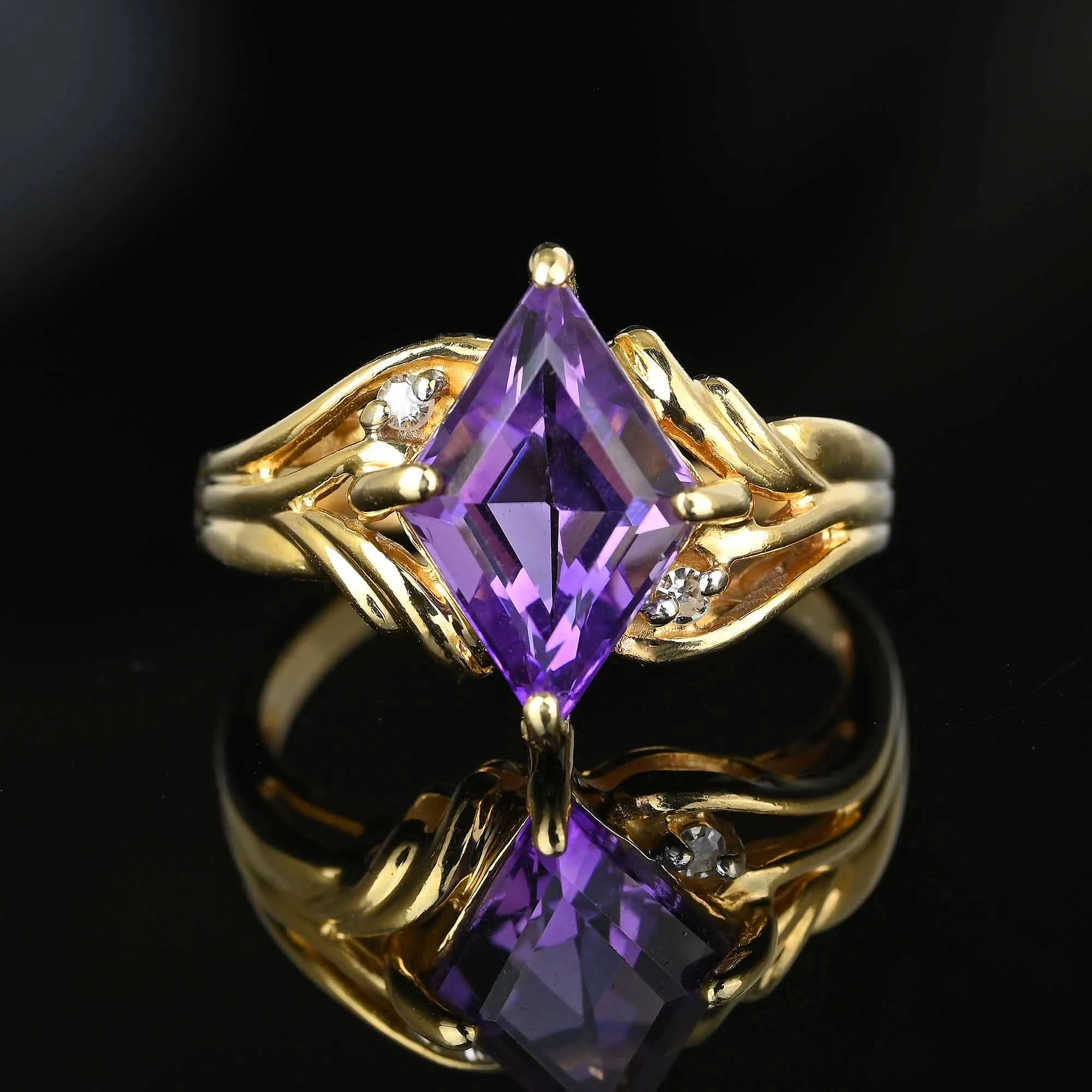 Vintage Gold Diamond Lozenge Cut Amethyst Cocktail Ring