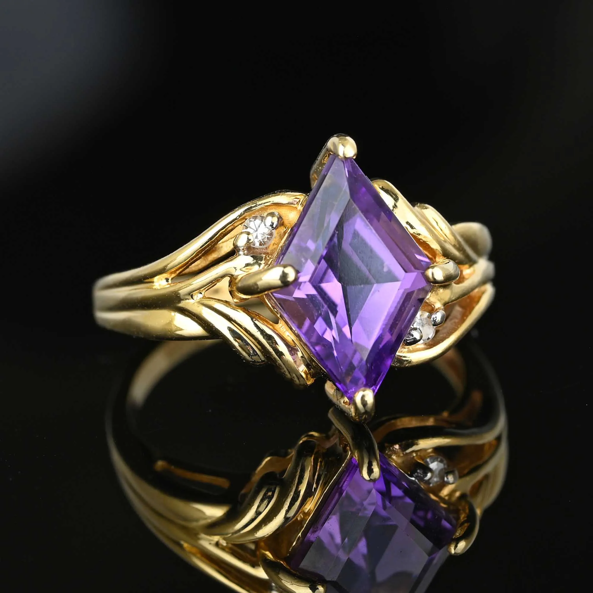 Vintage Gold Diamond Lozenge Cut Amethyst Cocktail Ring