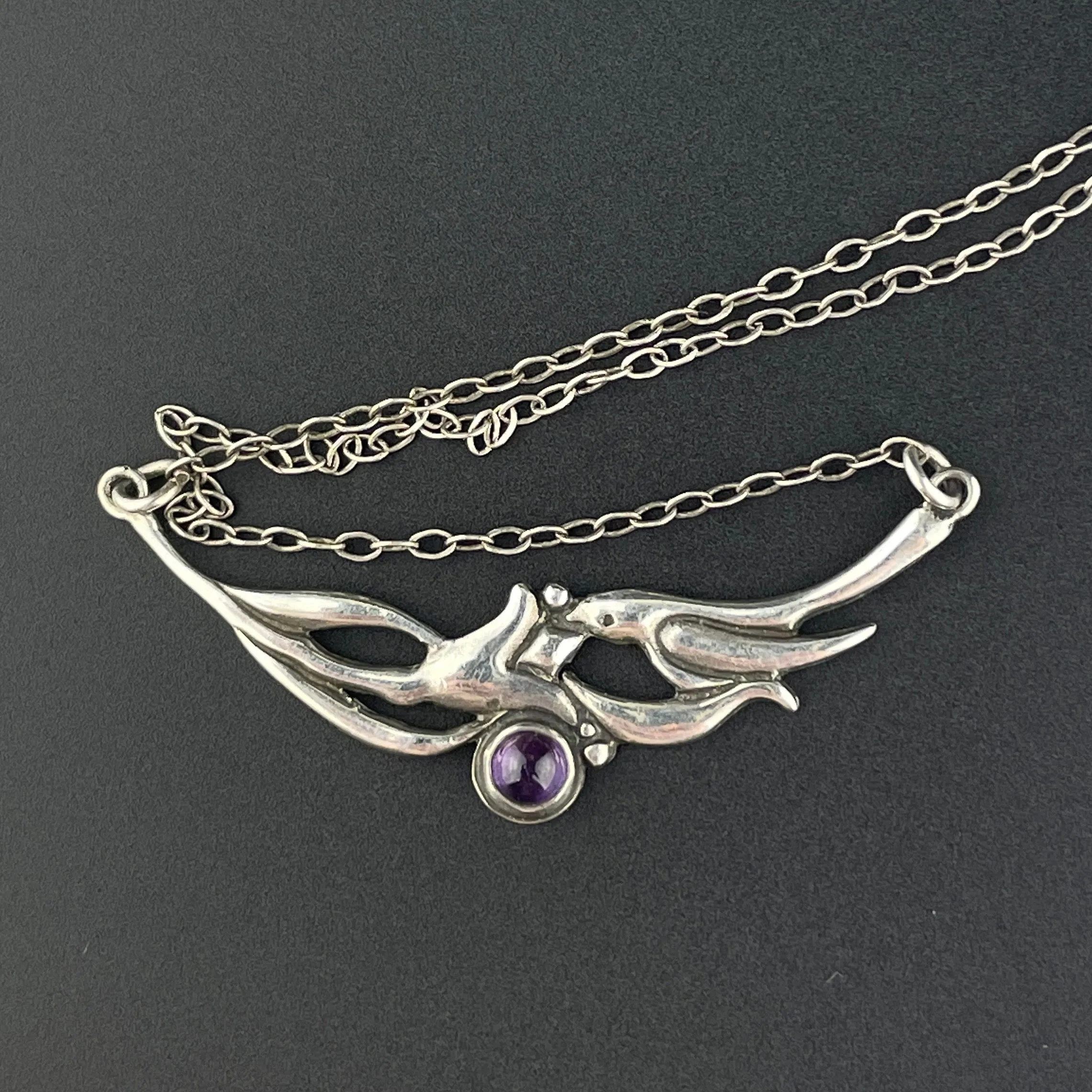 Vintage Silver Amethyst Swallow Bird Pendant Necklace