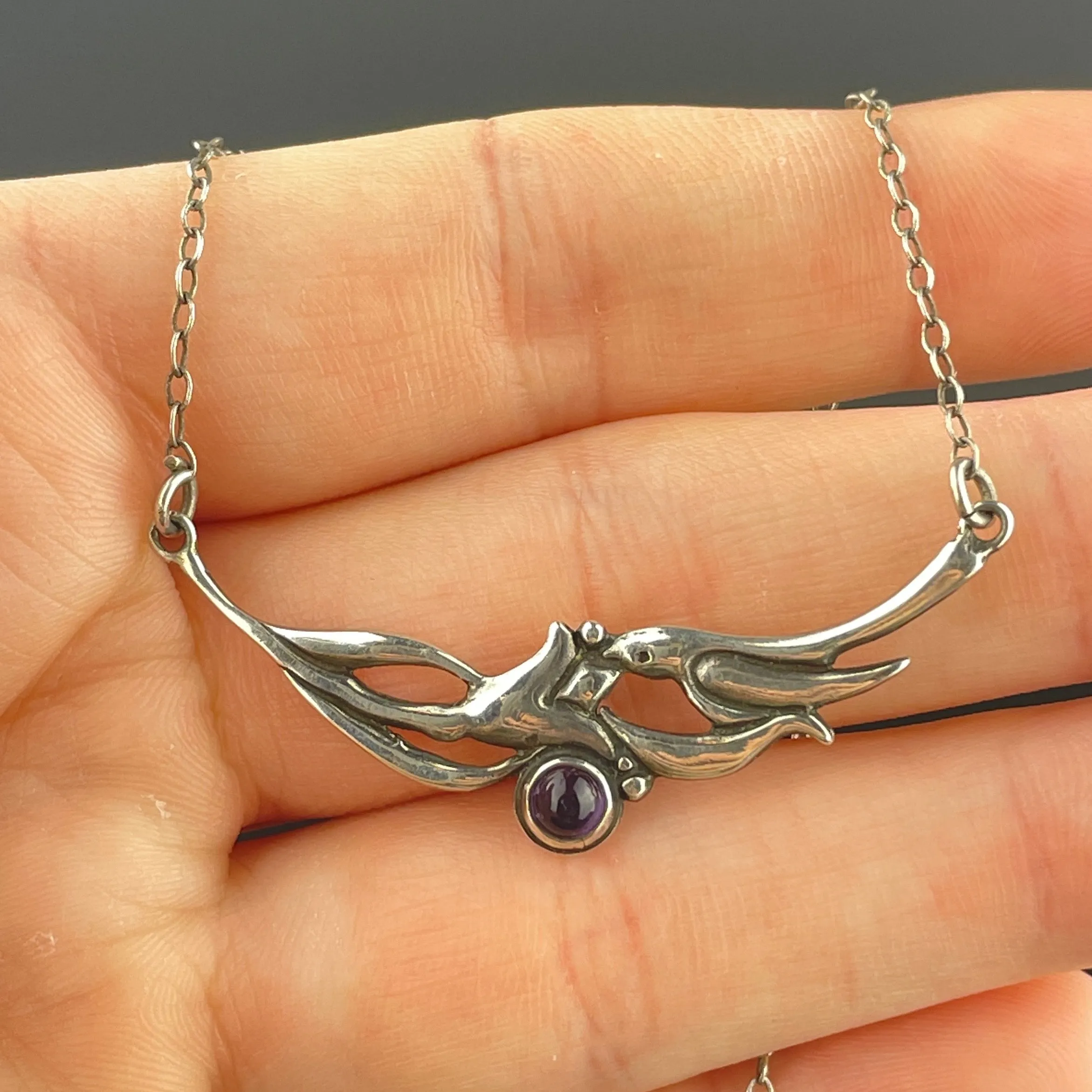 Vintage Silver Amethyst Swallow Bird Pendant Necklace