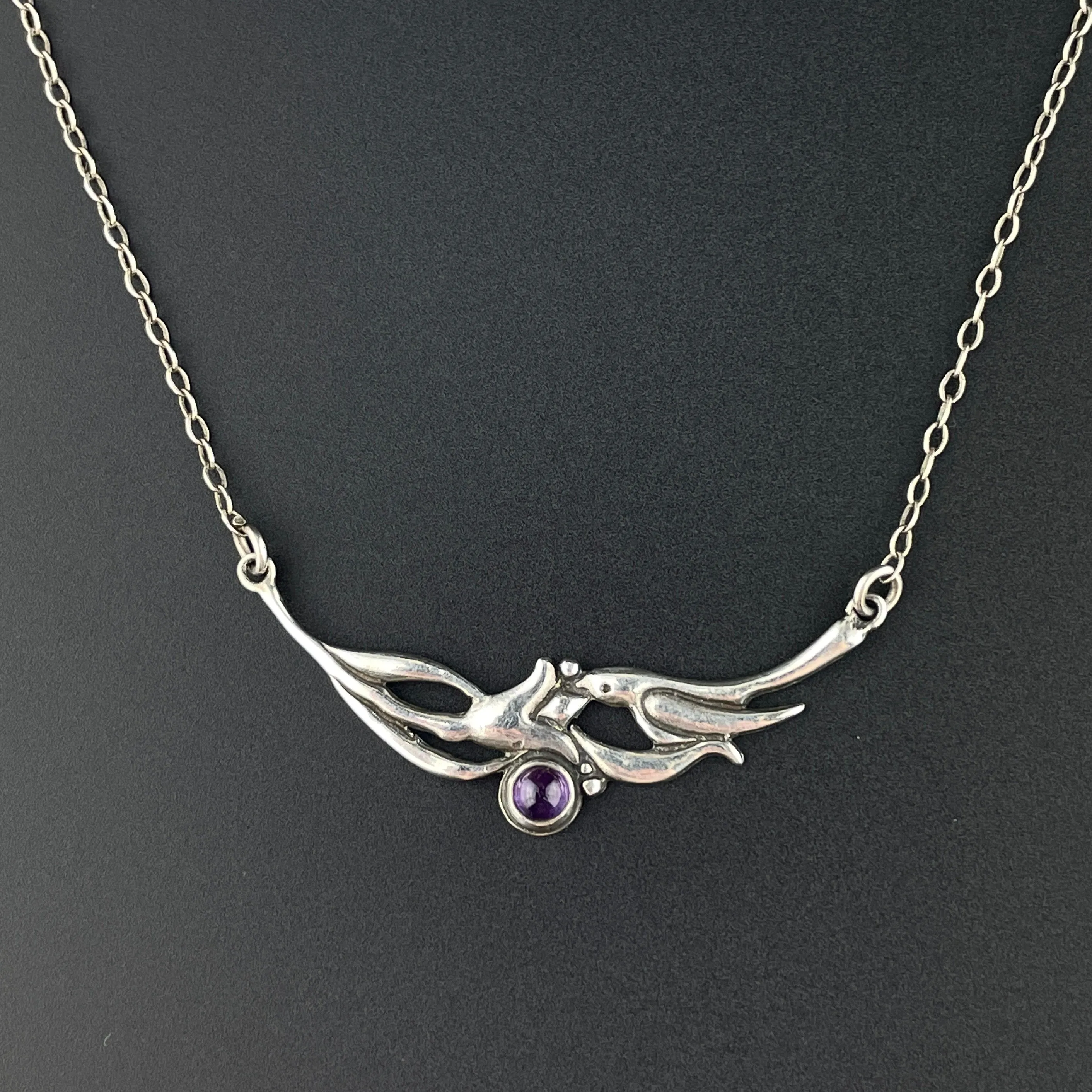 Vintage Silver Amethyst Swallow Bird Pendant Necklace