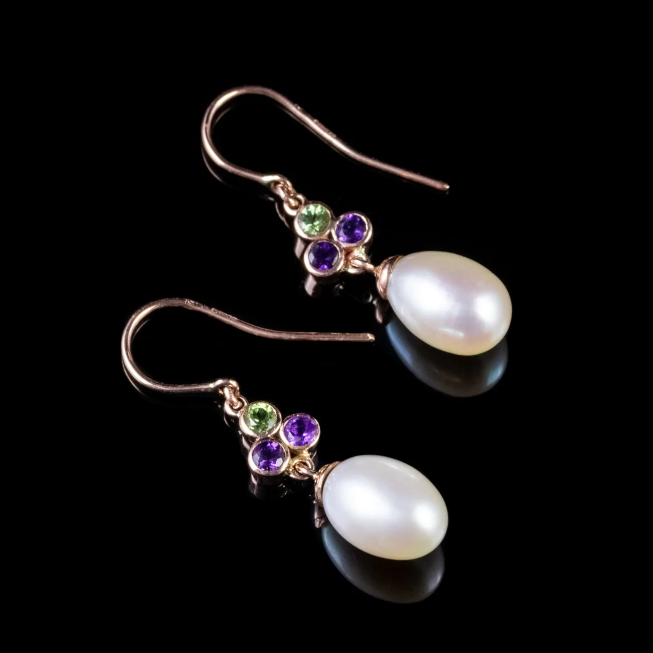 Vintage Suffragette Amethyst Pearl Earrings 9Ct Rose Gold Dated 1973