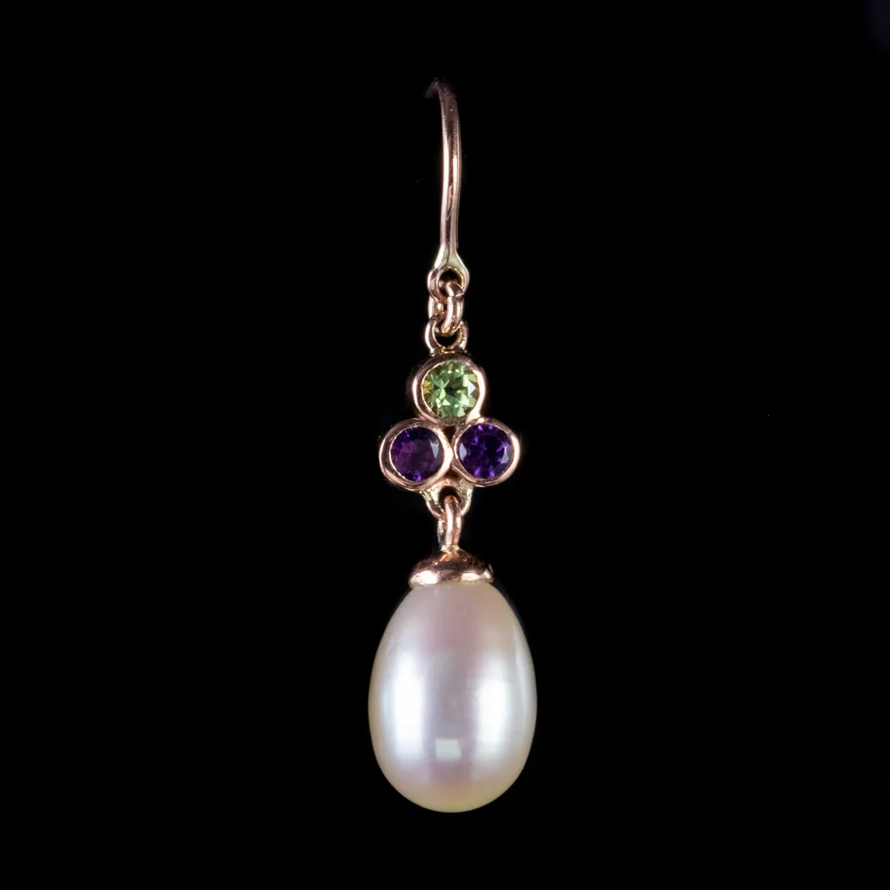 Vintage Suffragette Amethyst Pearl Earrings 9Ct Rose Gold Dated 1973