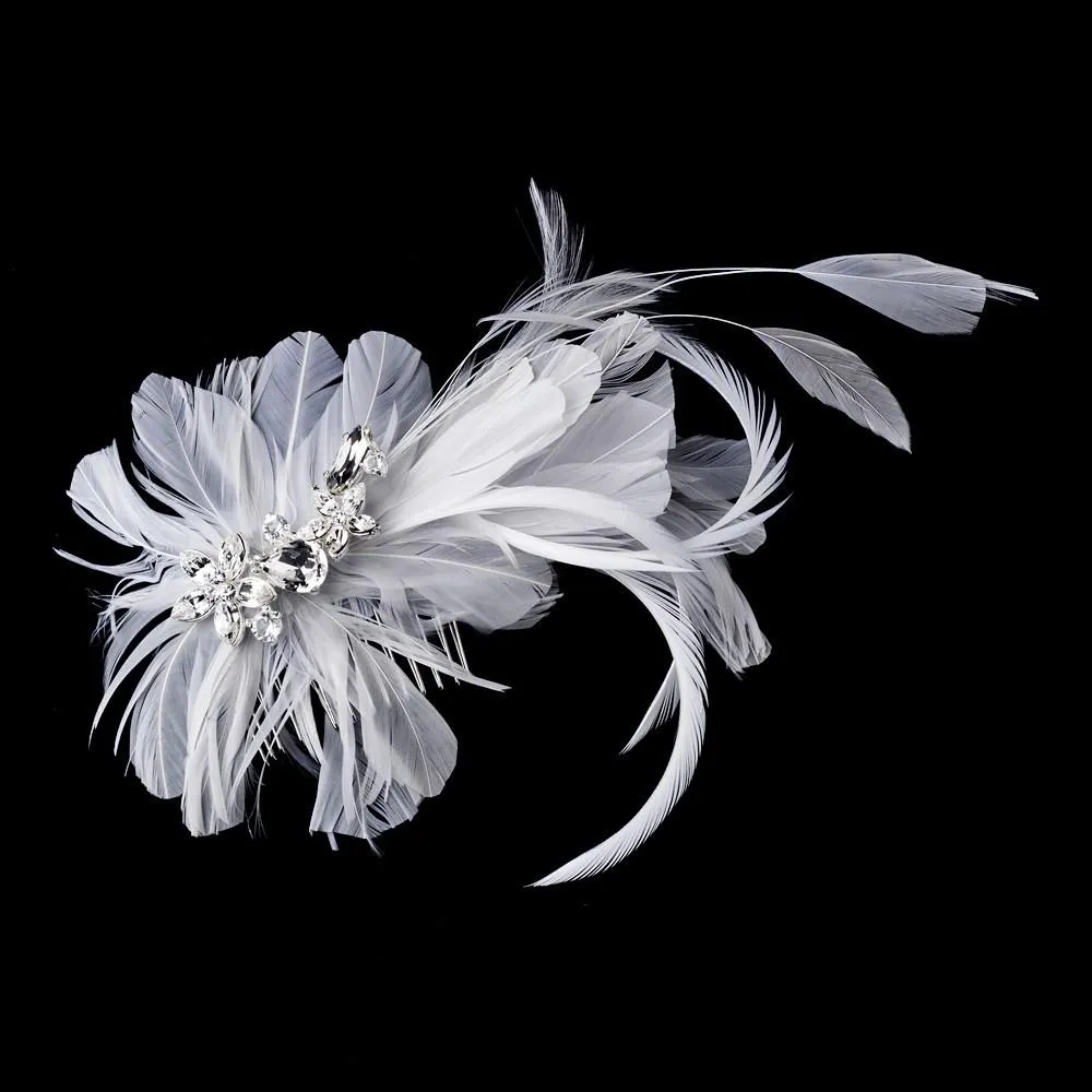 Whimsical Crystal White Feather Spray Bridal Hair Comb