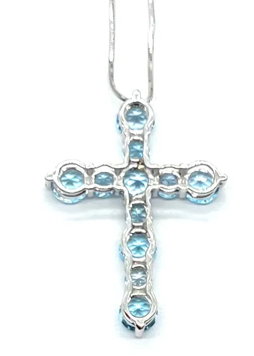 White Gold Blue Topaz Cross Necklace