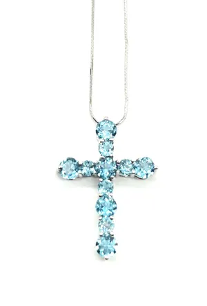 White Gold Blue Topaz Cross Necklace