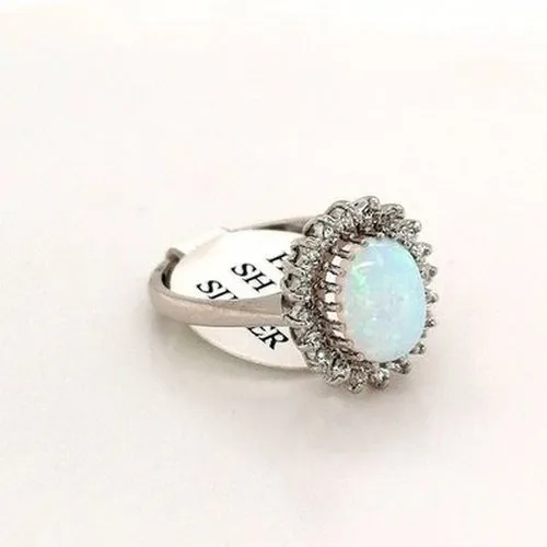 White Opal Halo Cluster Ring