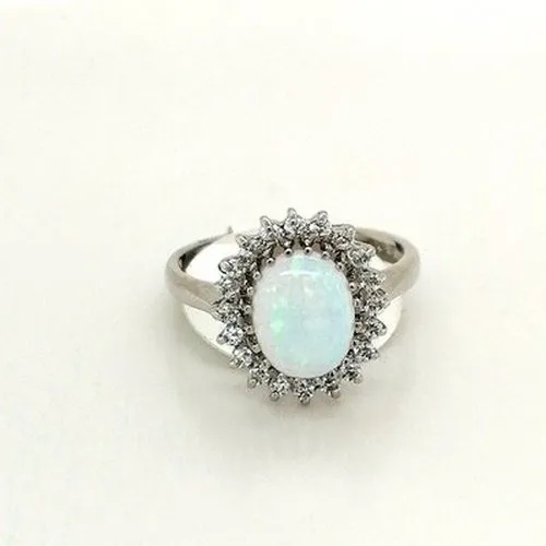 White Opal Halo Cluster Ring