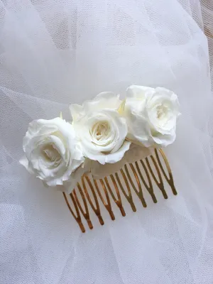 White Rose Hair Comb Small, Minimal Bridal Hair Piece, Preserved Rose Decorative Wedding Side Comb in Gold, Everlasting Flower Updo Hair