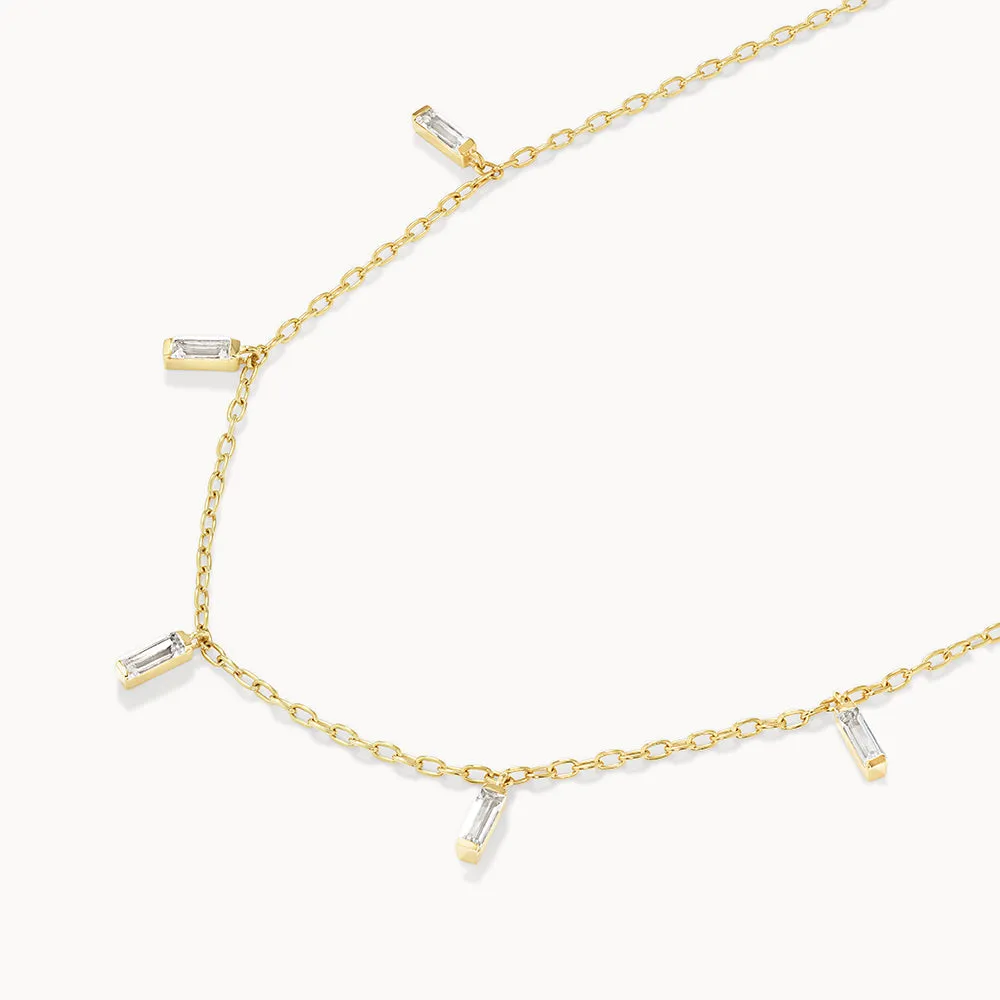 White Topaz Baguette Droplet Chain Necklace in Gold