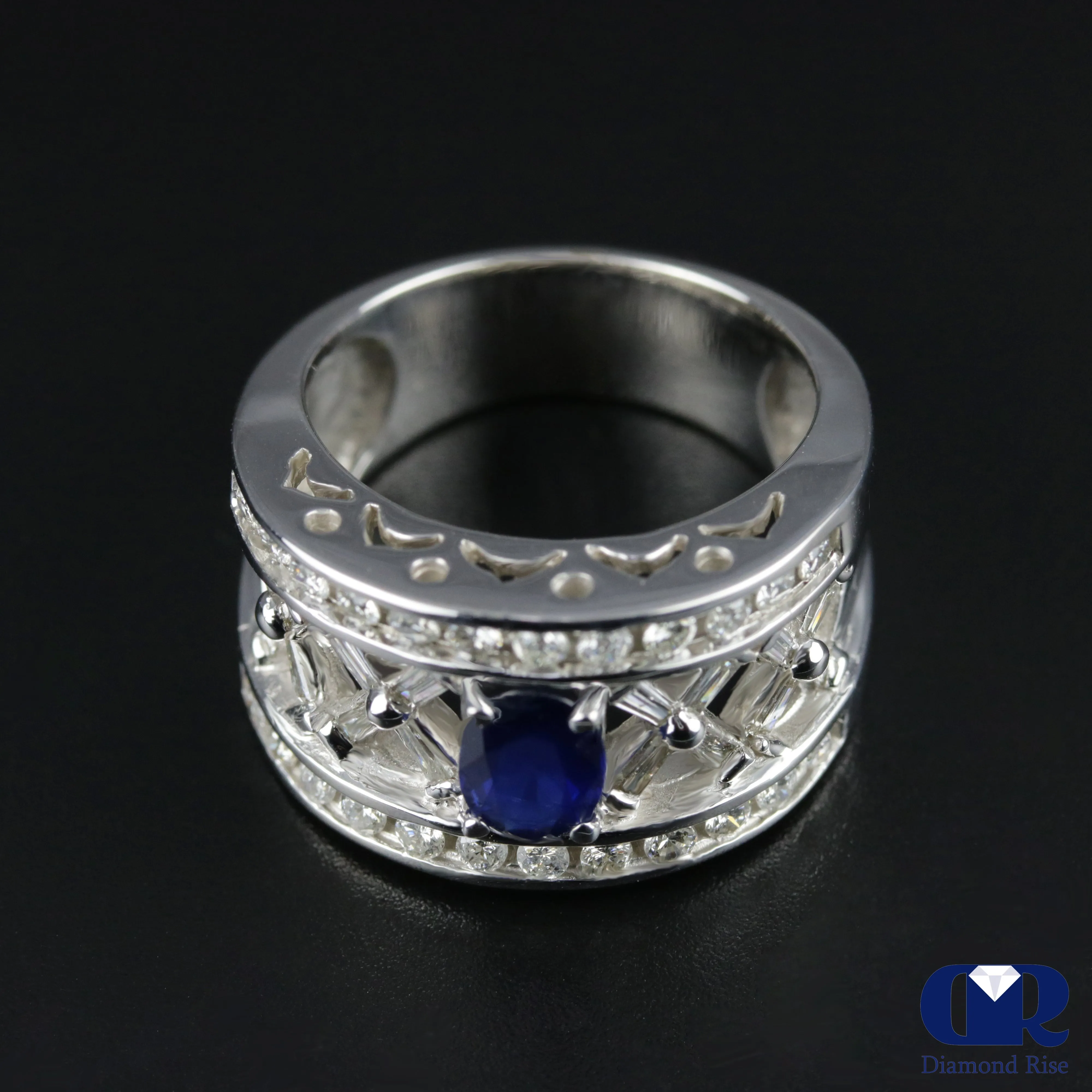 Women's Oval Sapphire & Diamond Cocktail Ring & Anniversary Ring In 14K White Gold