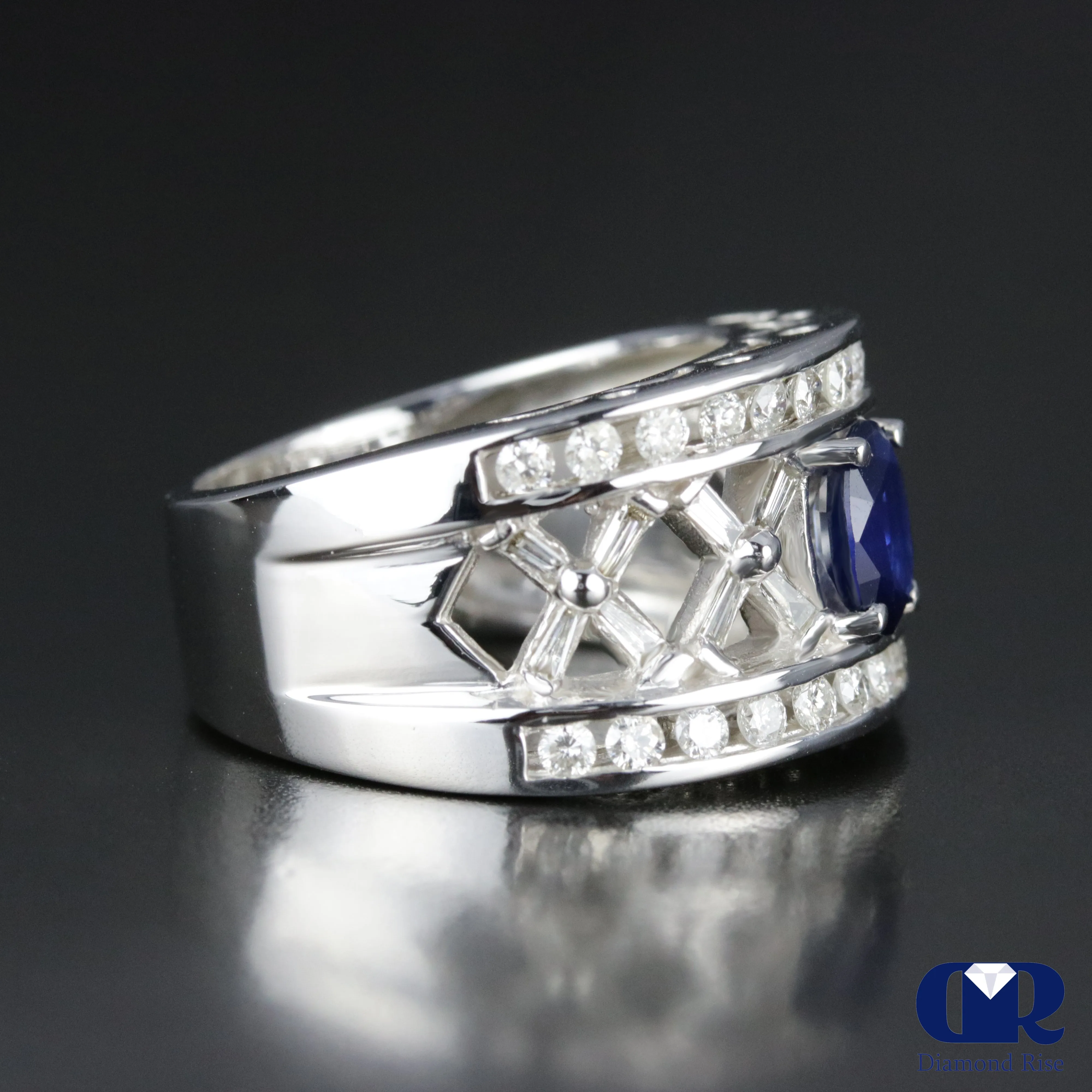 Women's Oval Sapphire & Diamond Cocktail Ring & Anniversary Ring In 14K White Gold