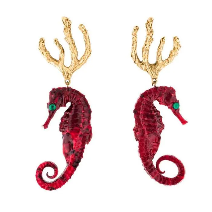 YVES SAINT LAURENT Vintage Red Gold Seahorse Earrings Ysl